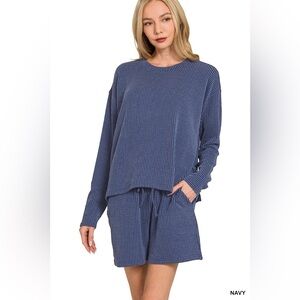 Zenana Navy Corded Rib Long Sleeve Tee and Shorts Set🆕